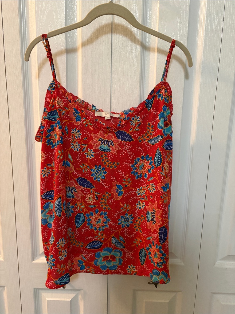 LOFT Red Floral Spaghetti-Strap Camisole with Blue Accents